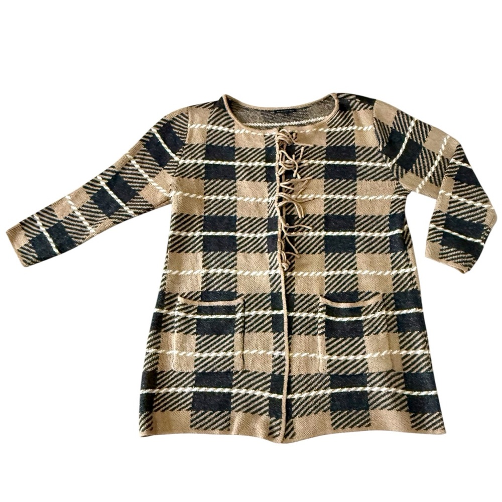 Adrienne Vittadini Women's Cardigan Sz 3-X Open‎ Front Fringe Pockets Plaid Plus